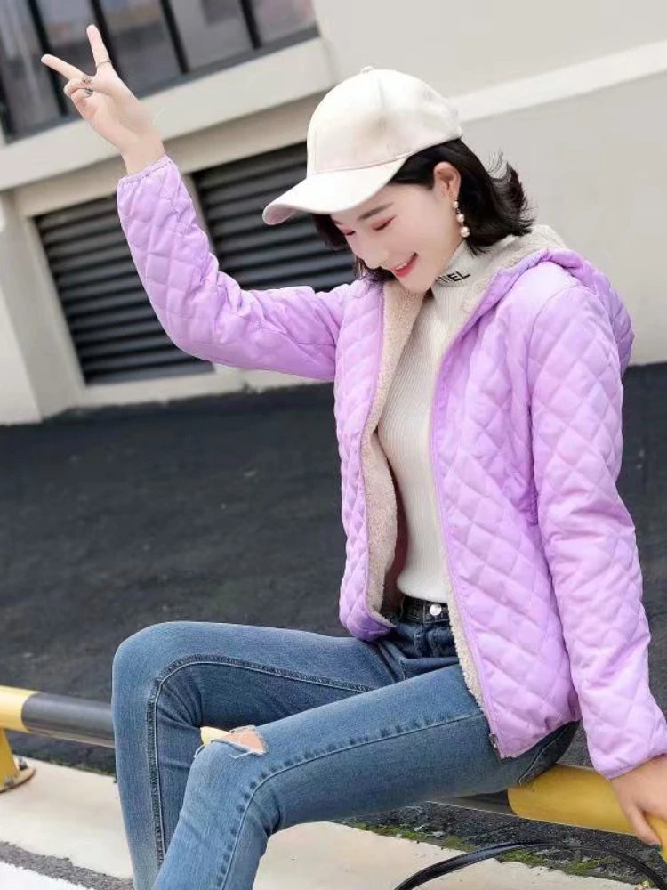 Women's Jacket Parkas Autumn Winter Korean Fashion Slim Check Hooded Binding Off Warm Cotton Clothes Oversize Women Coat Tops