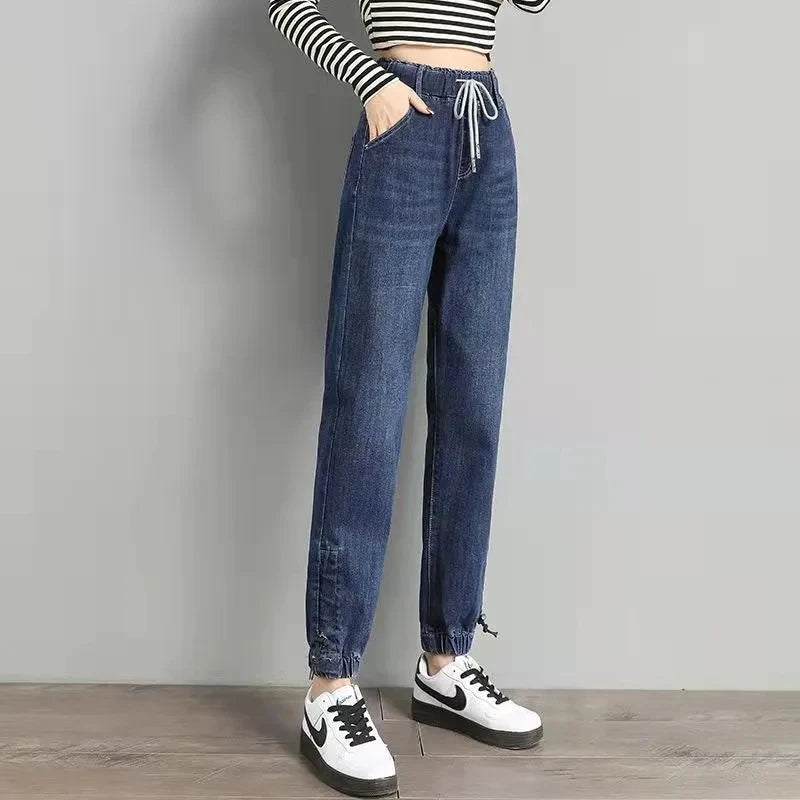 High Waist Drawstring Harem Baggy Jeans Women Spring Autumn All-match Streetwear Ankle Length Denim Trousers Casual Mom Jean New