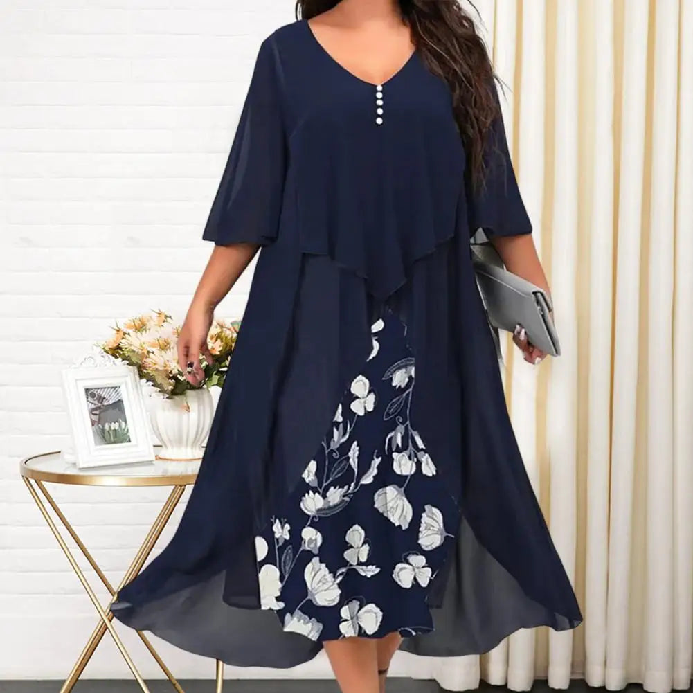 Stylish Women Dress Loose Waist Button Decor Floral Pattern Female Long Dress  Plus Size Maxi Dress for Work