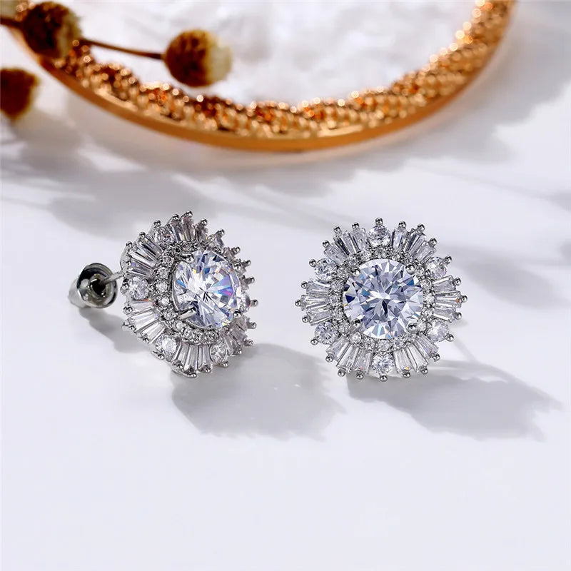 Gorgeous Cubic Zirconia Flower Stud Earrings for Women High Quality Silver Color Classic Wedding Jewelry Gifts