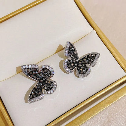 Inlaid Zircon Black Crystal Silver Colour Butterfly Earrings Women's Personality Fashion Earrings Wedding Jewelry Birthday Gifts