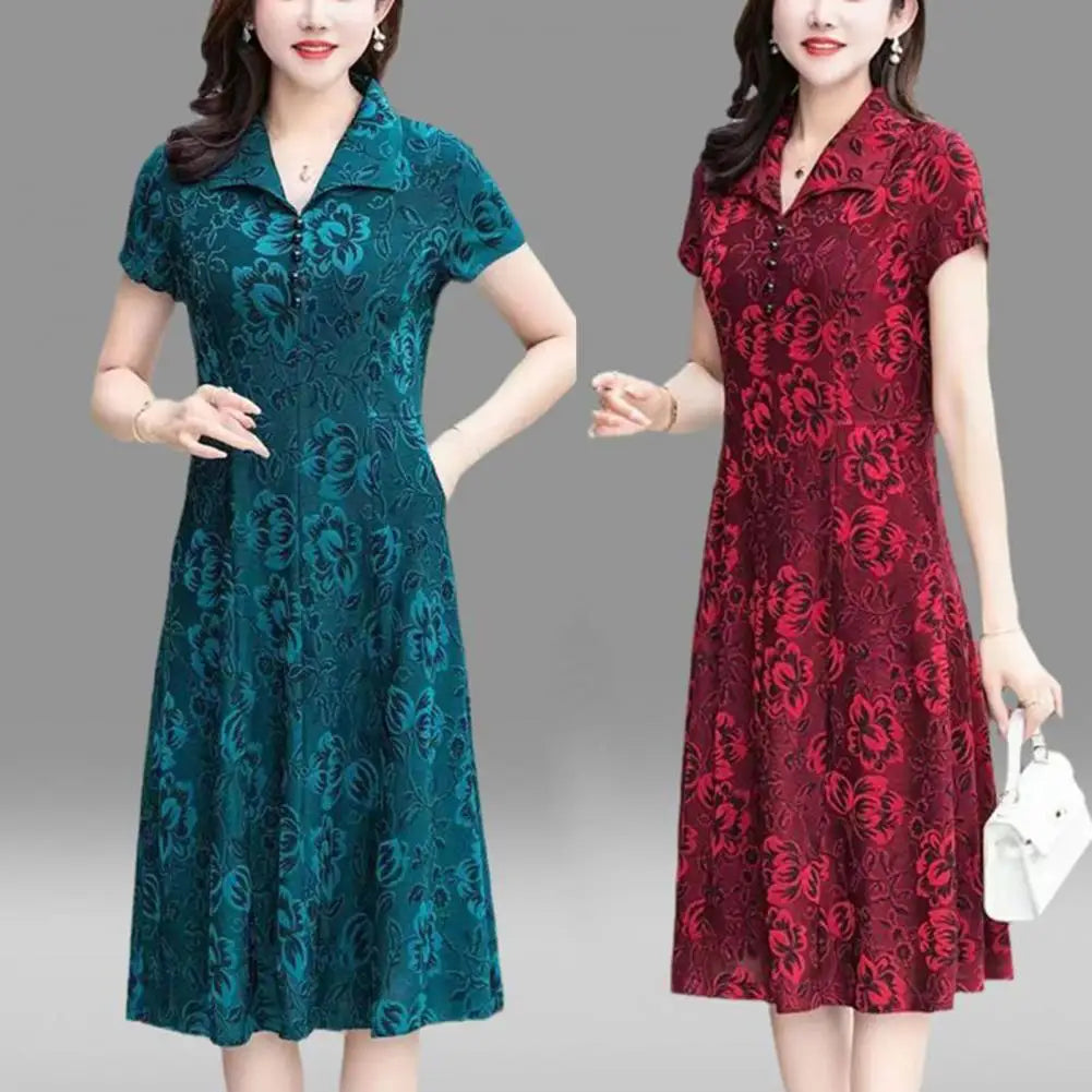 Women Long Dress Floral Printed V Neck Midi Dress for Middle-aged Women with Short Sleeves A-line Knee Length Spring Fall - Sri sampi