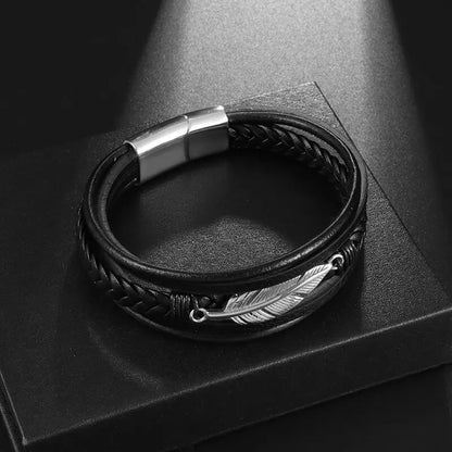 Classic multi-layered leather feather metal buckle bracelet men\\'s business casual party jewelry gifts wholesale