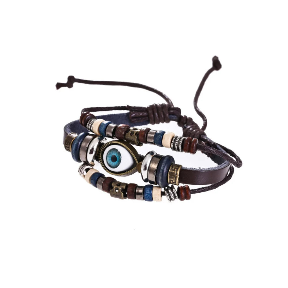 Evil Eye Bracelets For Men Women Vintage Leather Rope Cool Adjustable Layered Bracelet Charm Turkey Jewelry Halloween Cosplay