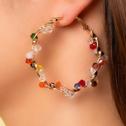 Random Colorful Crystal Hoop Earrings for Women New Fashion Big Round Circle Statement Earrings Wedding Party Bohemian  Jewelry