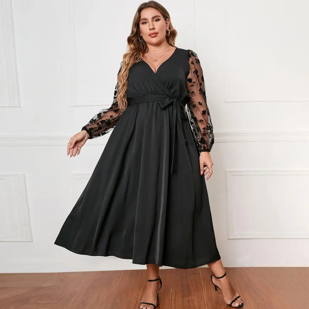 Plus Size Women Dress Elegant V-neck Embroidered Lace Mesh Midi Dress with Long Sleeves Belt for Women High Waist Wrap Hem Plus