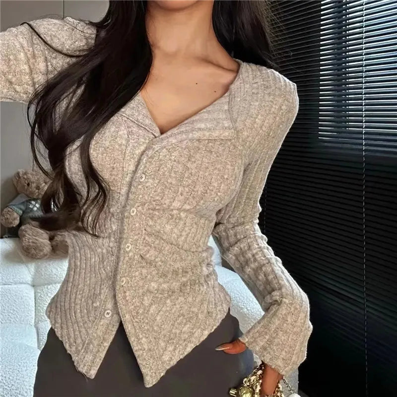 2023 Autumn Winter New Small V Lapel Long Sleeve Knitted Cardigan Elegant Slim Y2k Women's Top 