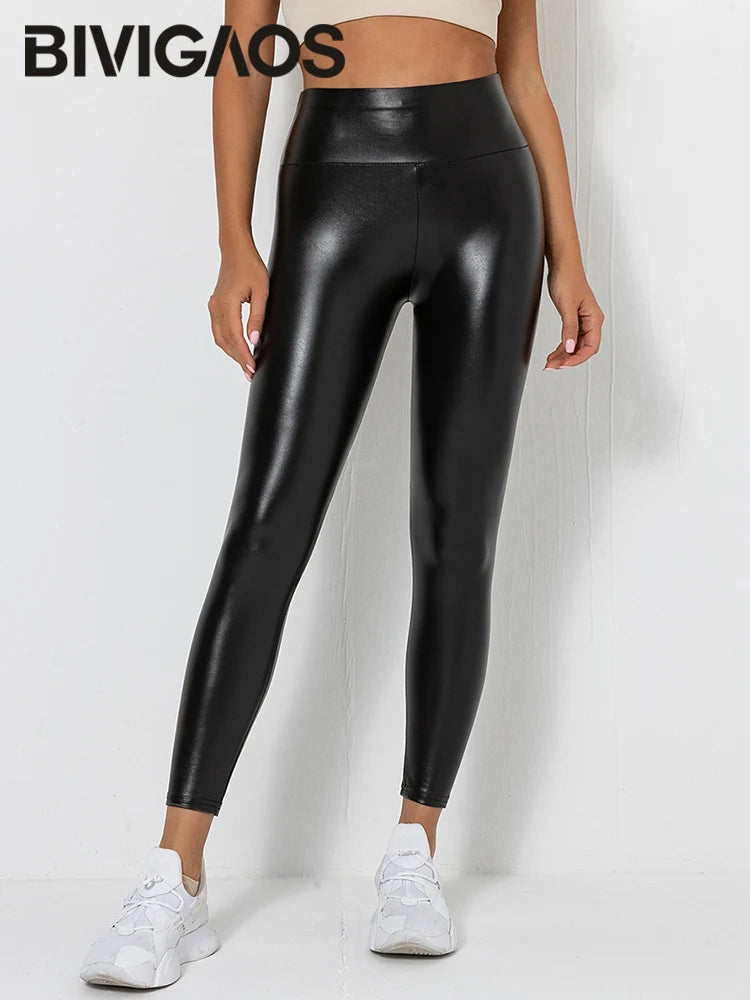 BIVIGAOS Autumn New Peach Butt Lifter PU Leather Leggings Women High Waist Black Leather Pants Slim Tight-Fitting Sexy Leggings