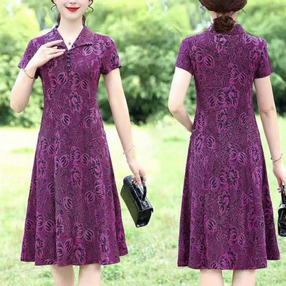 Women Long Dress Floral Printed V Neck Midi Dress for Middle-aged Women with Short Sleeves A-line Knee Length Spring Fall - Sri sampi