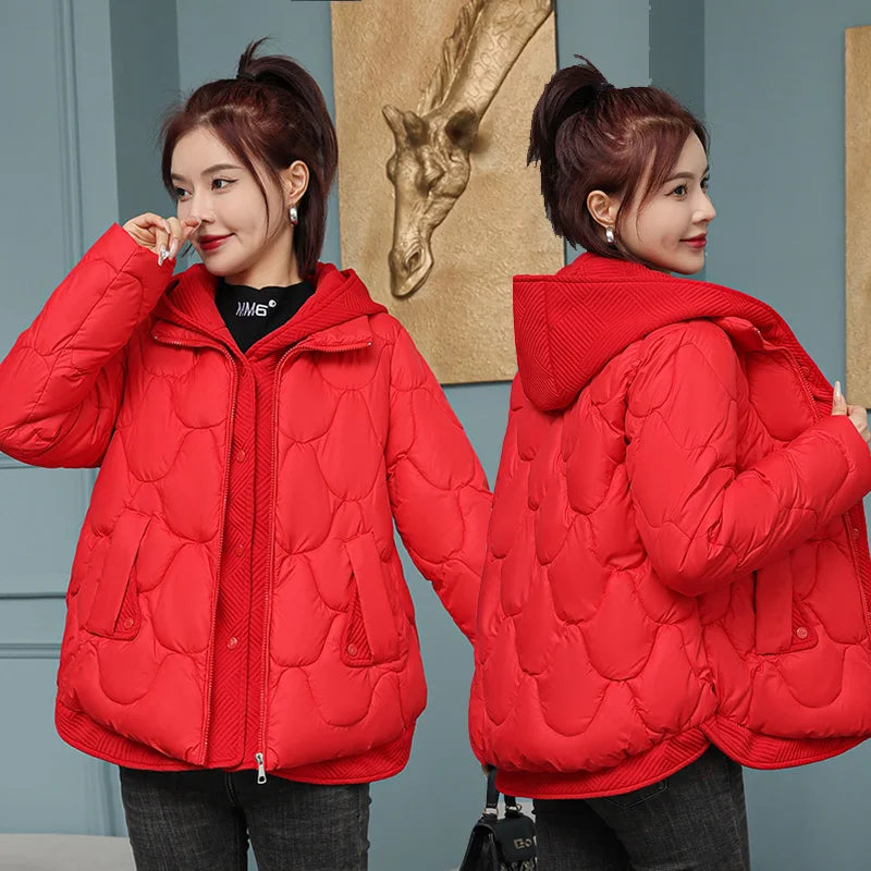 Winter Jackets for Women 2023 New Fashion Fake Two Pieces Short Parkas Korean Style Winter Women's Cold Coat Hooded