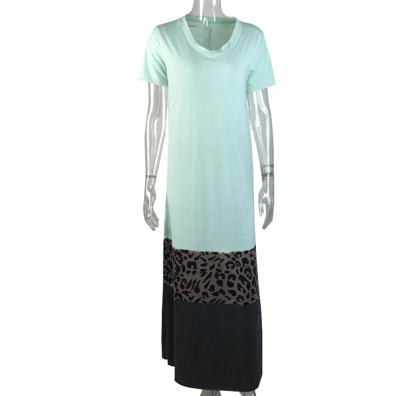 Simple And Loose Color Contrast Leopard Print Splicing Short Sleeve Print V-neck Long Dress Casual Dress Long Dress