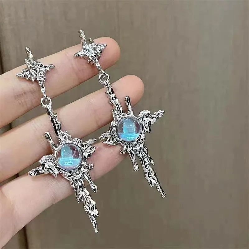 2023 Trend Cross Moonstone Dangle Earrings Women Girl Irregular Liquid Metal Cross Crystals Drops Earrings Jewelry