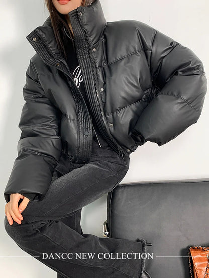 Jmprs American Biker Women Pu Puffy Coat Winter Retro Cropped Parkas Casual Thick Warm Lady Long Sleeve Loose Cotton Down Coats