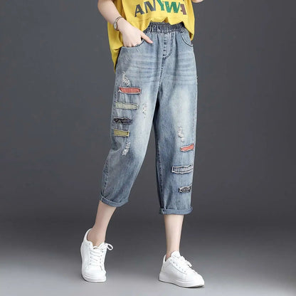 Vintage Y2K Women Baggy Jeans Spring Summer New Ankle-Length Pants Elastic Waist Denim Printing Korean Hole Full Trousers 2023