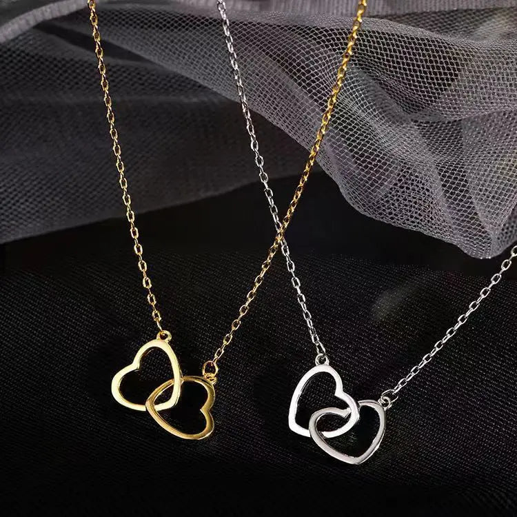 Simple Double Heart Pendant Necklace for Women Couple Stainless Steel Choker Gold Color Chain Wedding Party Friends Jewelry Gift