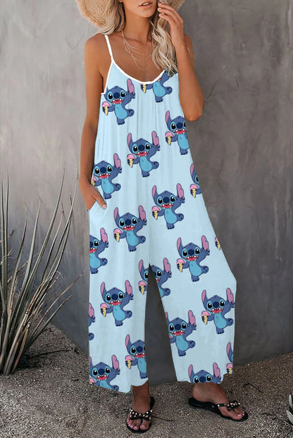 Women's Clothes Disney Stitch Suspenders Wide Leg Pants Casual Loose Street Style Print Ladies Summer 2023