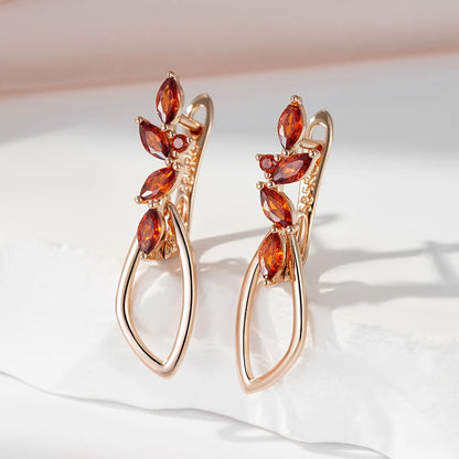 SYOUJYO Orange Red Natural Zircon Long Earrings For Women Fine Jewerly 585 Rose Gold Color Dangle Earrings