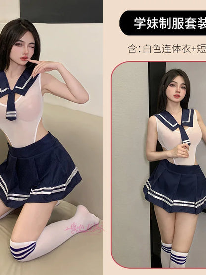 New Summer Women Gauze Breathable Dress Sexy Skirt Set Academy Mature Fashion Elegant Tie Deep V Young Thin Soft Cute JK AHIS