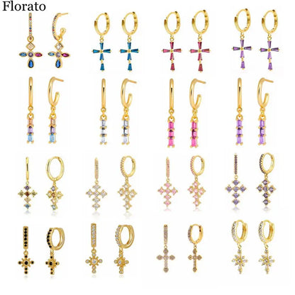 Pendientes 925 Sterling Silver Ear Needle CZ Color Crystal Cross Earrings for woemn Hoop earrings Wedding Fashion Jewelry Gifts