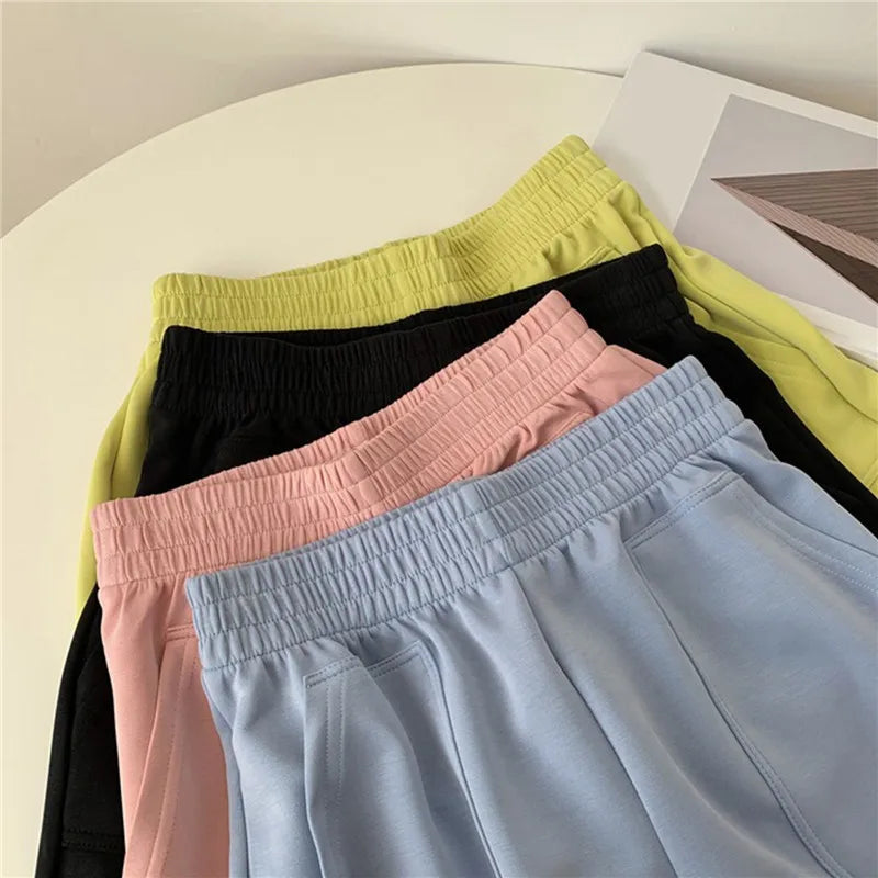 Shorts Women Summer All Match Elastic Waist Loose Solid Casual Korean Style Fashion Soft Streetwear Female Pocket Short Trousers