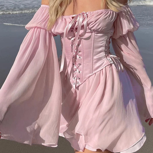 Mini abito in chiffon rosa fata Chic corsetto fasciatura donna vintage manica lunga a sbuffo vestito estivo slash neck damigella d'onore aderente spiaggia