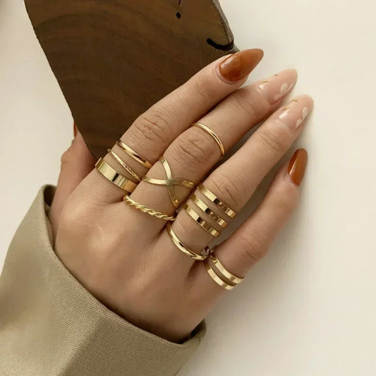 Golden Ring Bohemian Creative Retro Simple Multi-Layer Opening Cross Twist Ring Set  Jewelry For Women Geometric Ring