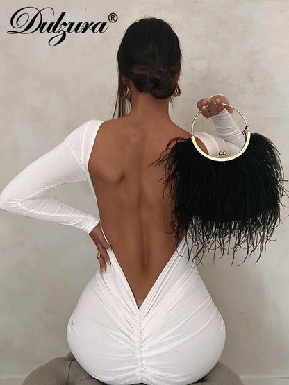 Dulzura Autumn Ruched Y2K Clothes Long Sleeve Backless O-Neck Bodycon Midi Dresses For Women 2023 Club Birthday Party Elegant