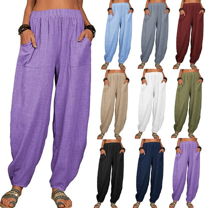 Women Harem Pants Summer Casual Vintage Cotton Linen Pants Elastic Waist Wide Leg Fashion Loose Pockets Female Trousers S-5XL