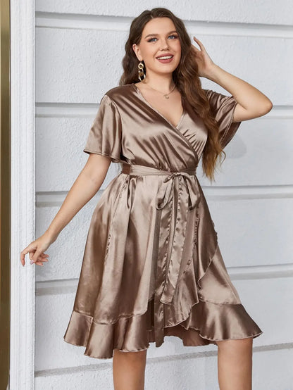 Plus Size Women's Satin Silky V Necked Collar Dress Wraped Waist Tie Short Sleeve Mini Robe Ruffle Hem Solid Gold Clothing