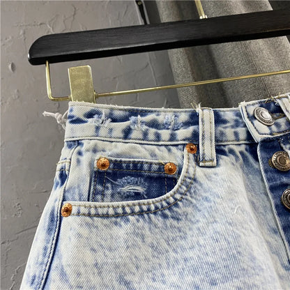 Women's Ripped Mid Rise Denim Jeans Shorts Summer Button Tassel Single-breasted Wide-leg Denim Shorts Jeans Streetwear