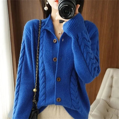 Half High Collar Twists Knitted Cardigan Autumn And Winter High-End Casual Loose Versatile Long Sleeved Base Sweater For Women