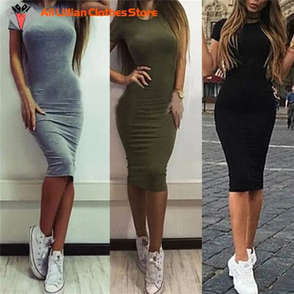 Summer Dresses Women Knee-Length Skinny Office Dress Short Sleeve Bandage Bodycon Beach Dress Vestidos Robes