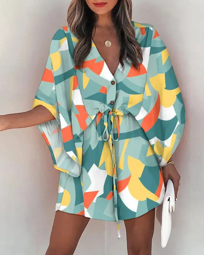 Casual Boho Beach Vacation Mini Dress Women Summer Print Lace Up Button Batwing Sleeve Dresses For Women's Loose Female Robe