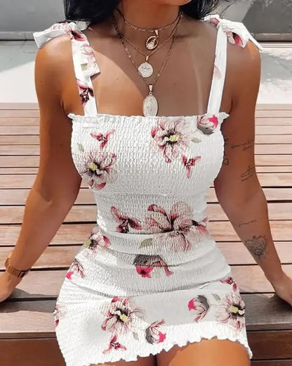 Women Elastic Waist Pleated Dress Summer Sleeveless Off The Shoulder Floral Print Bodycon Party Dresses SZE-1930