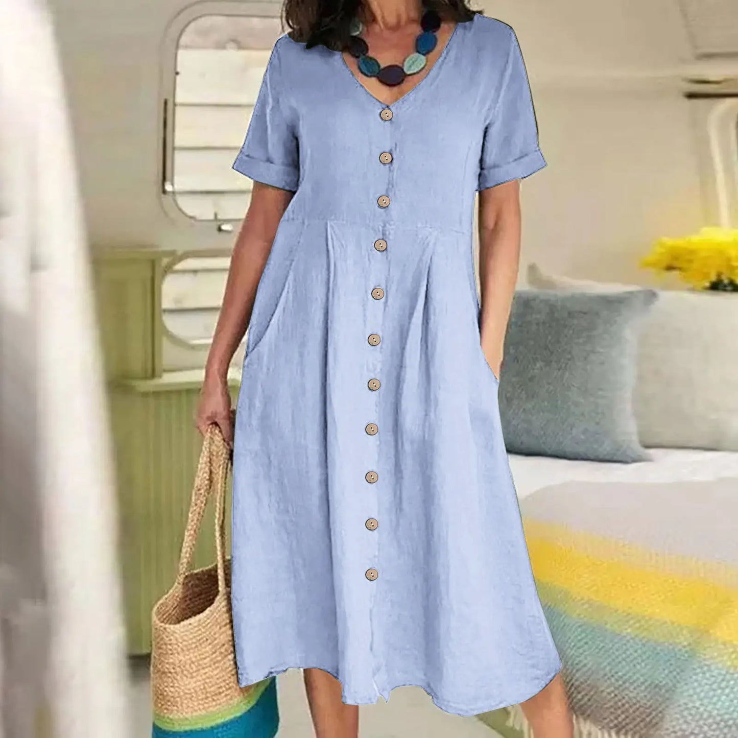 Women's Clothing Summer Casual V Neck Short Sleeve Cotton Linen Midi Dress Solid Loose High Waist Elegant Party Dresses Vestidos