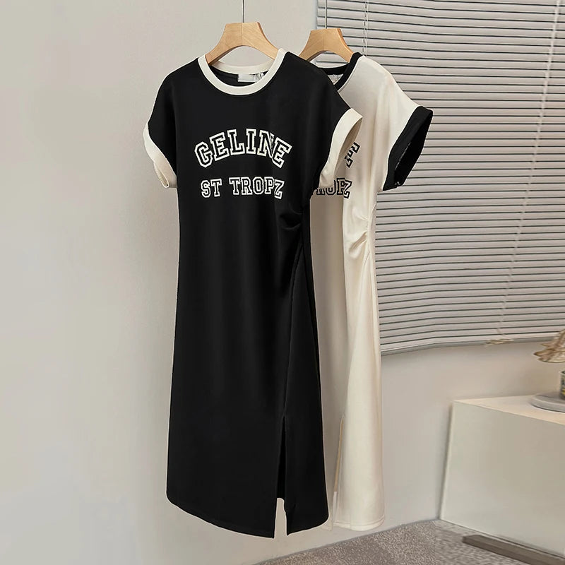 Women Plus Size L-4XL Letter Print Split T Shirt Dress Short Sleeve O Neck Fashion Y2K Dresses 2023 Summer Clothing Casual Bobe - Sri sampi