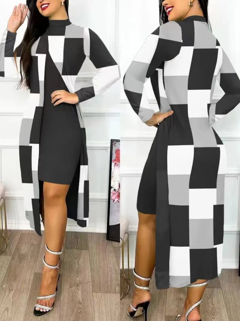 Women's Printed Slit Dress High Neck High Waist Hollow Long Sleeve Fashion Loose Casual Sexy Slit Asymmetrical Office Clothing