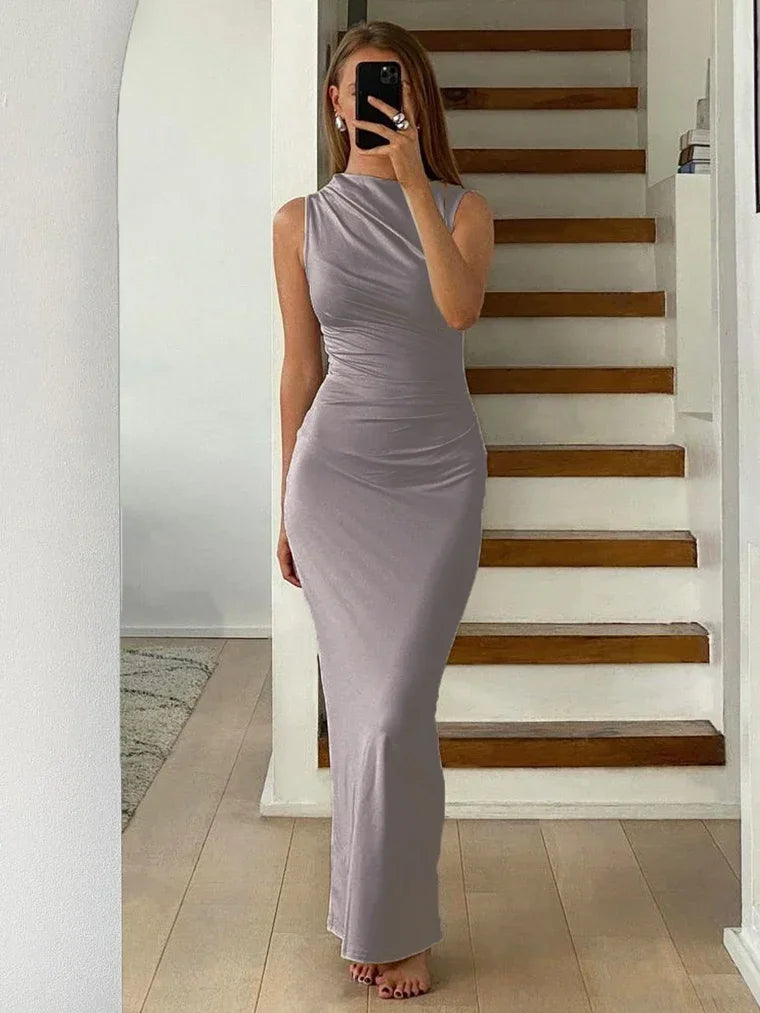 Tossy Pleated Long sleeved Slim Maxi Dress Women Solid Fashion Elegant Party Dress Gown Off-Shoulder High Waist Bodycon Dress