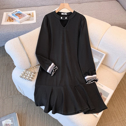 Plus-size women's Spring preppy black dress Casual commuter look young Polyester long skirt loose look slim 2X-large to 6X-large