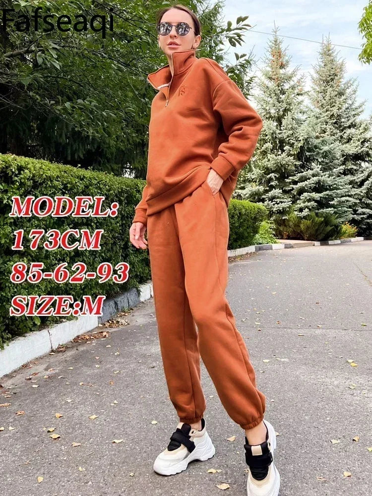 Sport Women's Warm Tracksuit 2023 Winter Cotton Fleece Two Piece Set Harem Trouser Suits for Women Velvet Zipper Hoodie Outfits