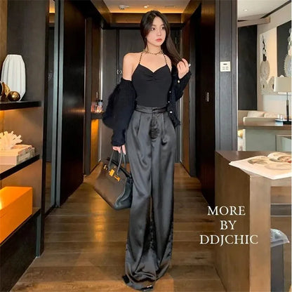 Acetate Satin Straight Casual Trousers Women 2023 New Summer Fashion Temperament Loose Wide Leg Pants Woman Clothes Comfortable