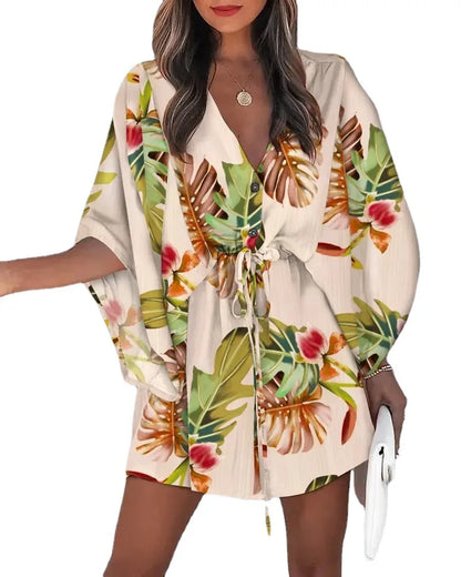 Casual Boho Beach Vacation Mini Dress Women Summer Print Lace Up Button Batwing Sleeve Dresses For Women's Loose Female Robe