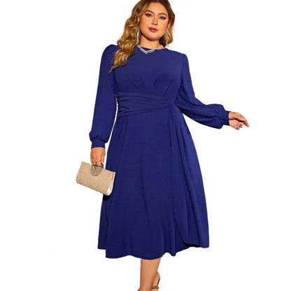 Lady High Waist Midi Dress Elegant Plus Size Lace-up Midi Dress with Puff Sleeves for Fall Spring Events Women's High Waist