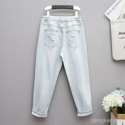 Summer Men Extra Large Damaged Jeans Women's Loose Slim Harlan Pants Back Elastic Waist 100kg 5xl ripped jeans for women