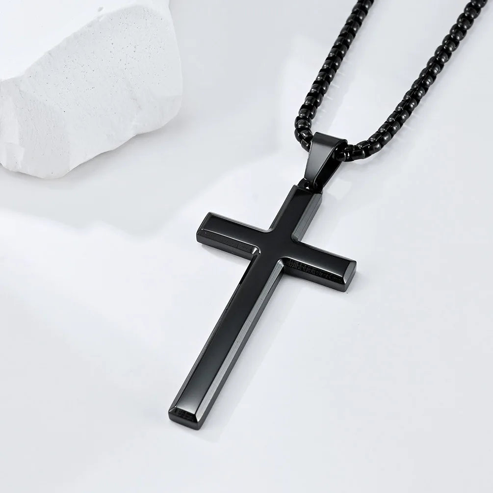 Mens Women Chain Necklace Black Cross Stainless Steel Pendant 3mm Gold Color Box Chain Fashion Peace Faith Divine Couple Gifts