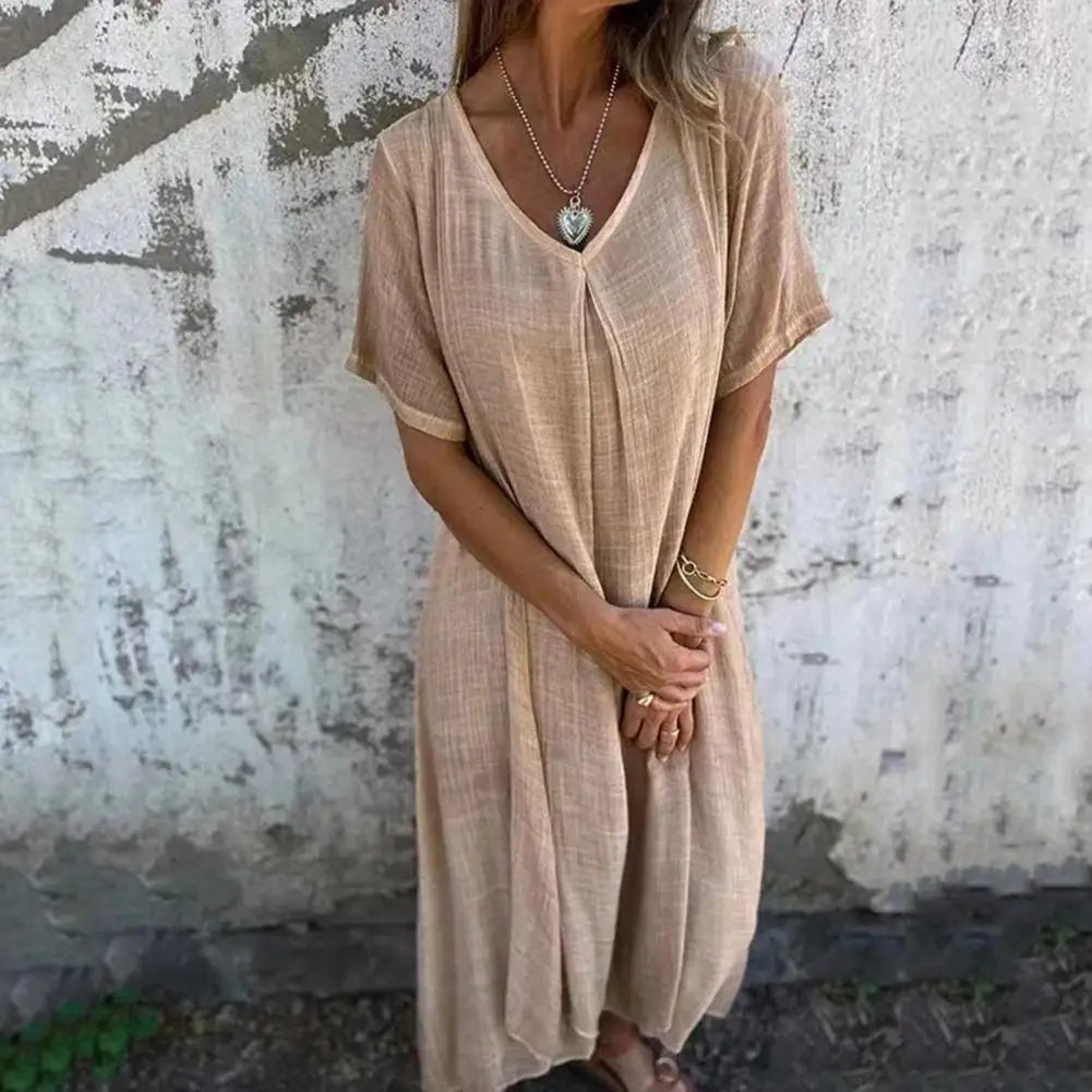 Women Dress Bohemian Style V Neck Midi Dress for Women Soft Breathable Summer Beach Dress with Short Sleeves Loose Fit Solid