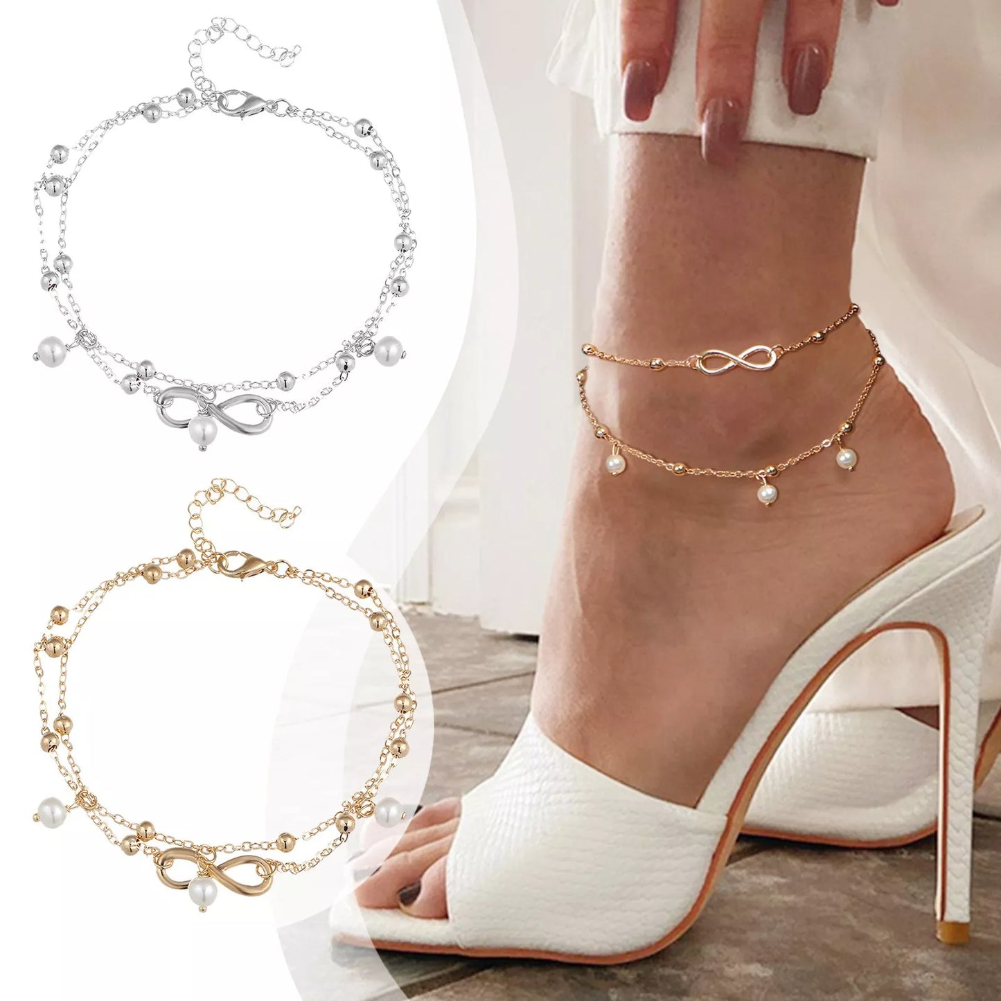 Boho Double Layer Anklets For Women Pearl Streaming Pendant Foot Chains 8 Shape Beach Bracelet Anklets Solar System Bracelet