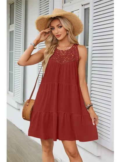 Fashion Sexy Hollow Lace Patchwork Halter Neck Women A Line Dress Summer Casual Solid Color Loose Beach Holiday Female Sundress