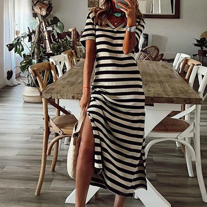 Abiti estivi 2023 Donna Abiti taglie forti per le donne Casual Stripe Stampa Scollo a V Manica corta Abito lungo allentato Robe Femme