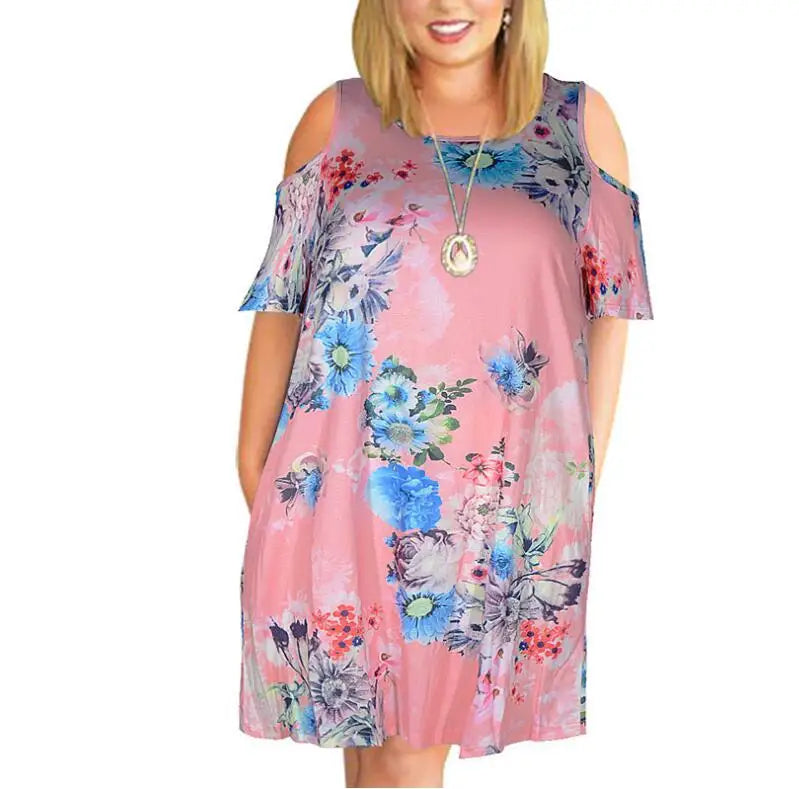 Abbigliamento di grandi dimensioni 2023 Abito estivo da donna allentato Elegante sexy con spalle scoperte Fiori stampati Abito taglie forti Abiti da mamma